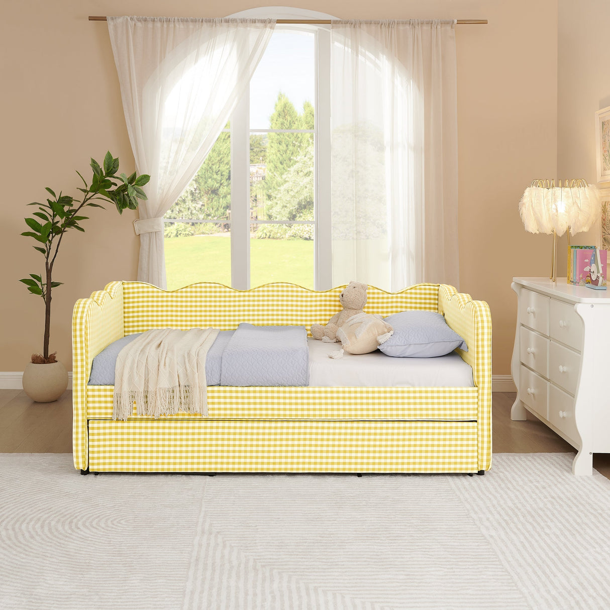 Cozy Gingham Daybed with Trundle Twin Size Sofa Bed No Box Spring Needed, with USB Port and Adorable Wave Shaped, Linen Fabric