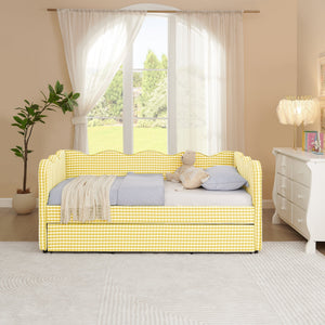 Cozy Gingham Daybed with Trundle Twin Size Sofa Bed No Box Spring Needed, with USB Port and Adorable Wave Shaped, Linen Fabric