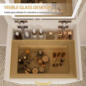 Compact 3 In 1 Vanity Desk With Open Top Mirror, Glass Desktop, 5 Height - White