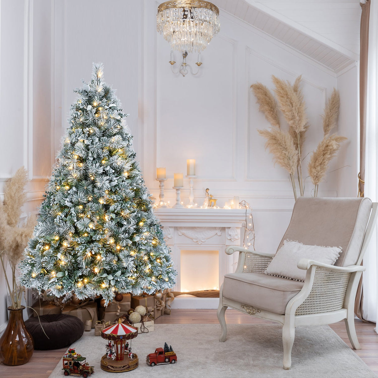 4FT Prelit Flocked Christmas Tree With Pine Needles & Eucalyptus Leaves