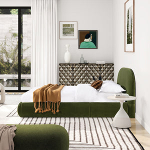 Archie Puffy Grounded Upholstered Platform Bed with Rounded Headboard - Green, White, Beige