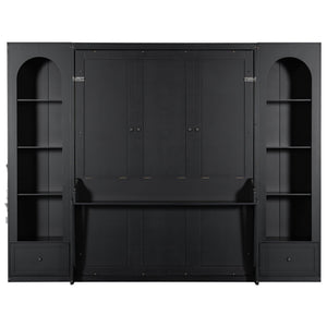 French Style Murphy Platform Bed With Shelf, Side Cabinets, Drawers And LED