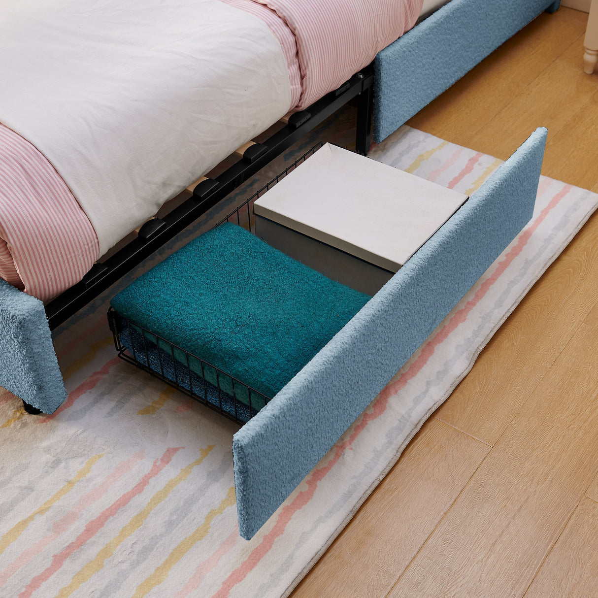 Twin Size Kids Upholstered Bed with Oversized Rabbit Ear Headboard, LED Light & 4 Storage Drawers, Boucle Fabric (79.5''X40.75''X41'')