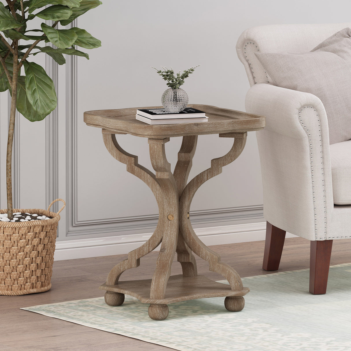 French Country Accent Table with Hourglass Design in Natural MDF