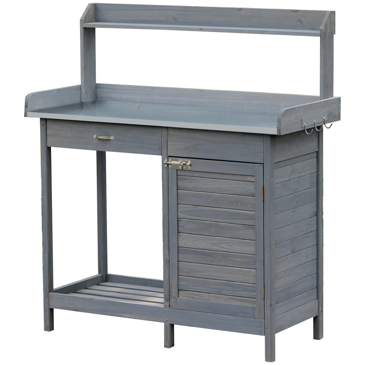 Outdoor potting bench table, with storage cabinet, open shelf and steel tabletop, gray