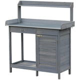 Outdoor potting bench table, with storage cabinet, open shelf and steel tabletop, gray