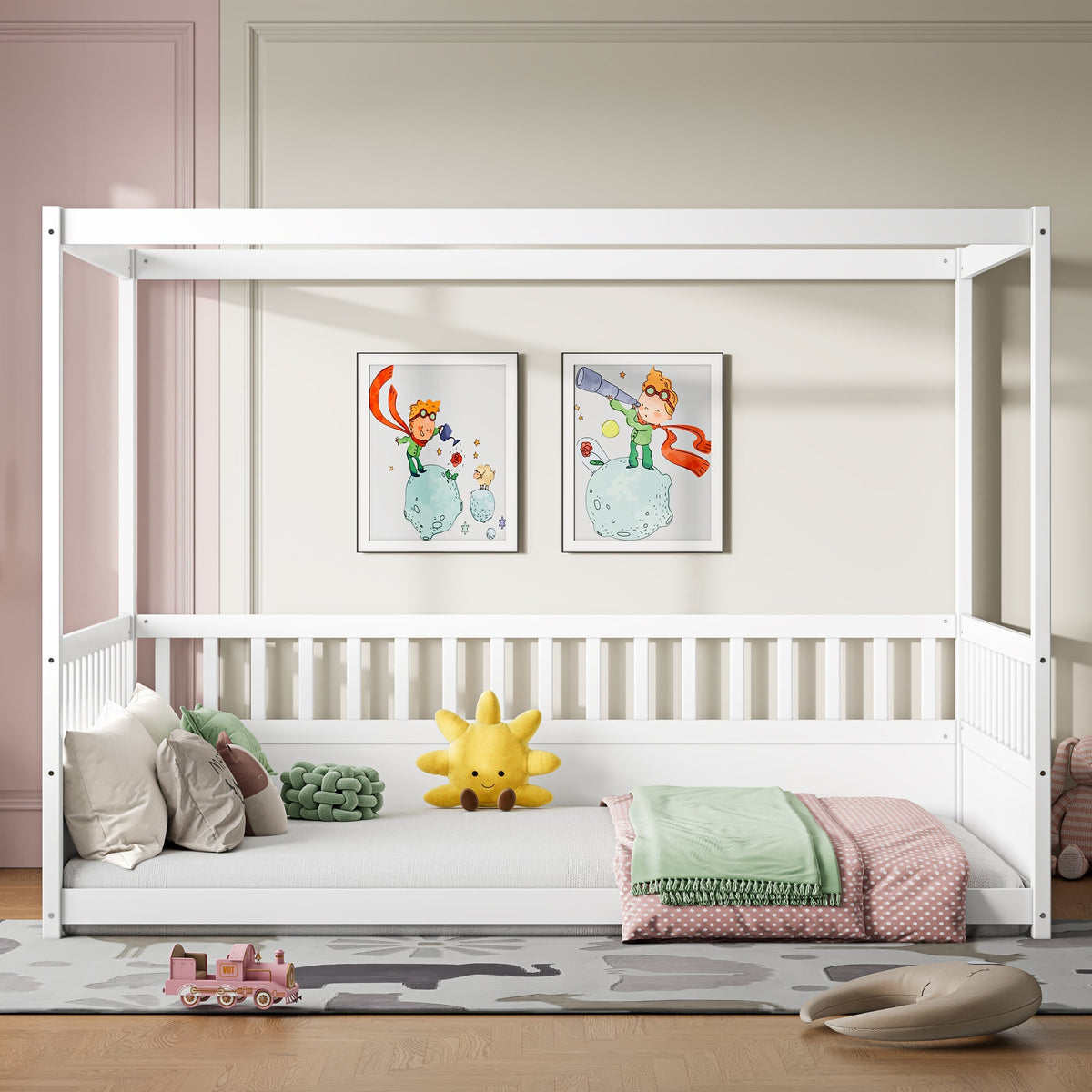 Full Size Canopy Bed Frame with Guardrails for Kids