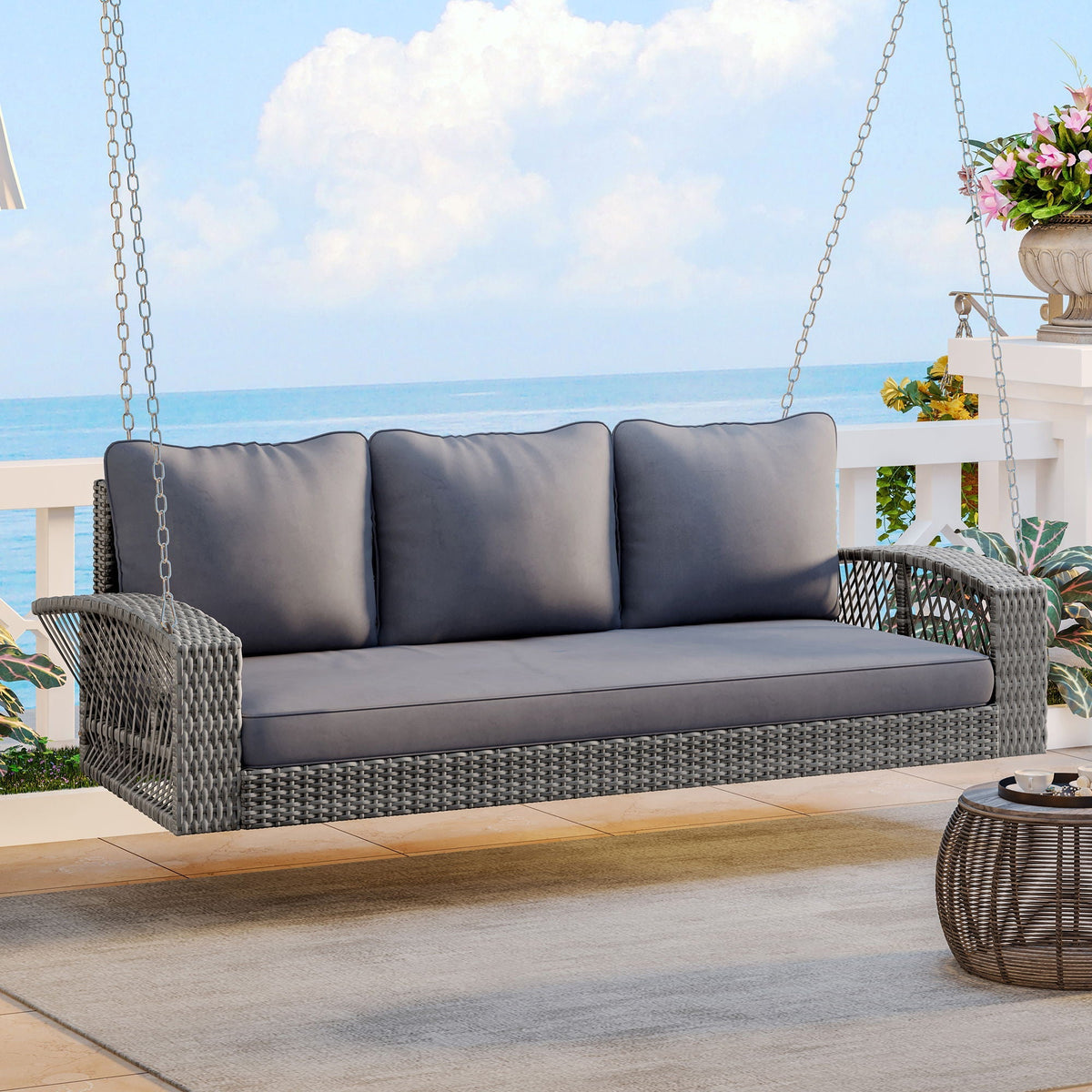 3 Person Large Patio Swing Bench With Cushions For Backyard