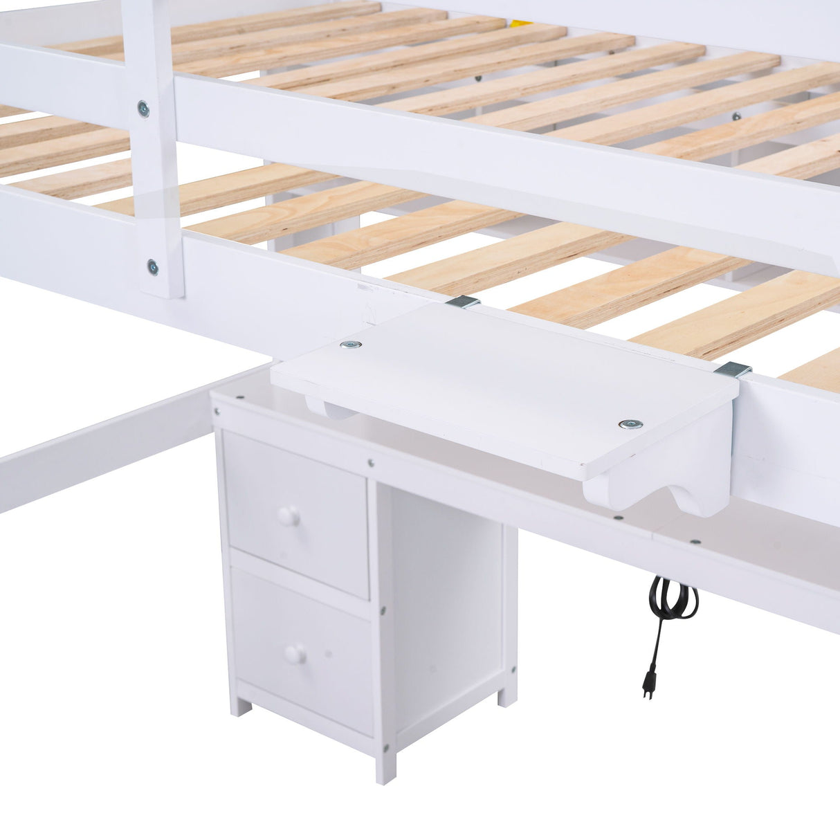 Full Size Loft Bed With Desk, Cabinets, Drawers, Charging Station And Bedside Tray, Sturdy Frame, No Box Spring Required - White