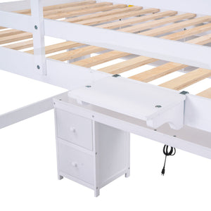 Full Size Loft Bed With Desk, Cabinets, Drawers, Charging Station And Bedside Tray, Sturdy Frame, No Box Spring Required - White