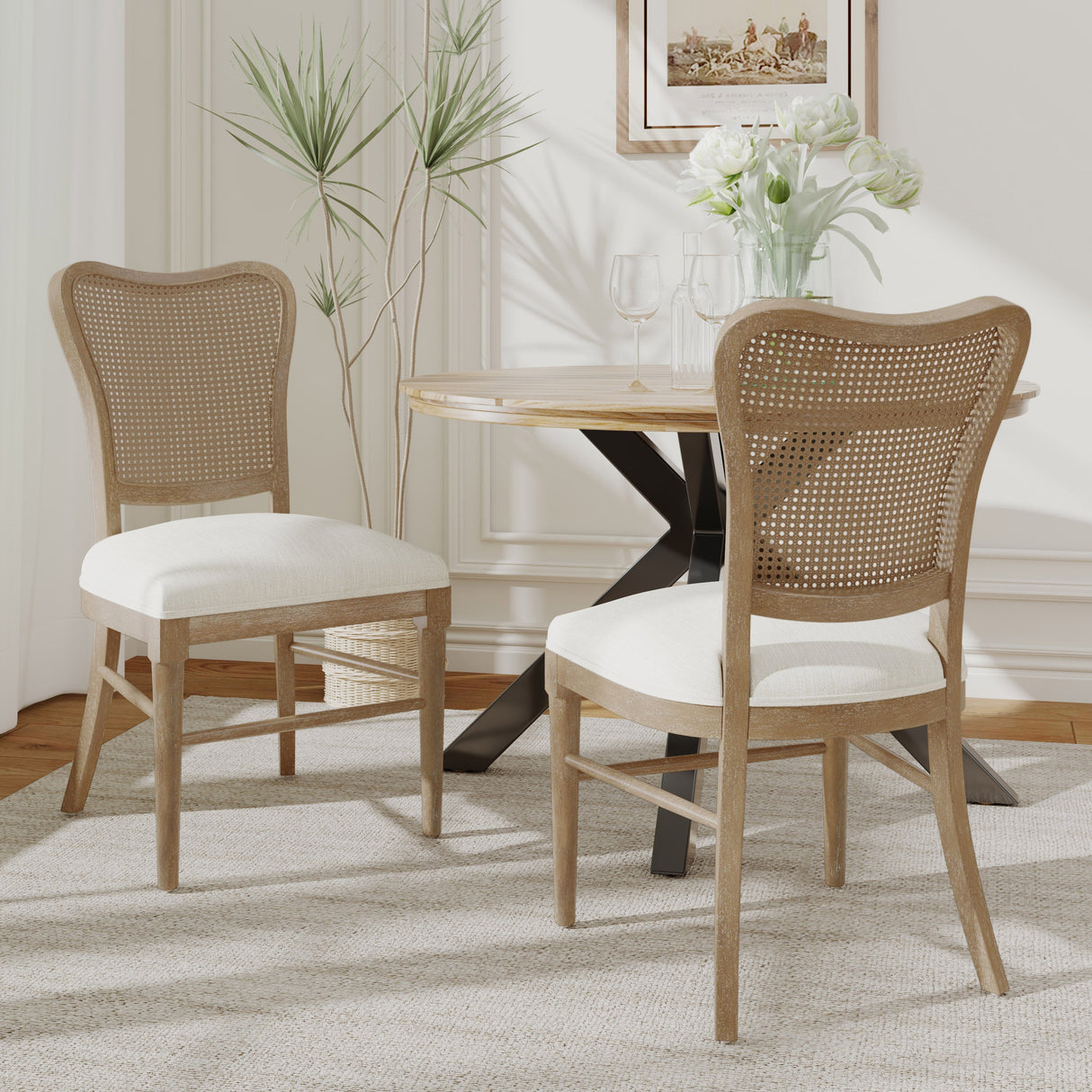 Wood and Woven Cane Dining Chairs, Set of 2