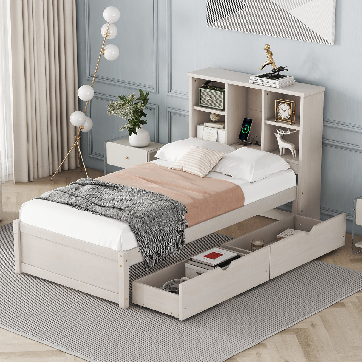 Twin Size Bed Frame With Built-in USB Port on Bookcase Headboard and 2 Drawers for White Washed Color