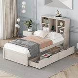 Twin Size Bed Frame With Built-in USB Port on Bookcase Headboard and 2 Drawers for White Washed Color