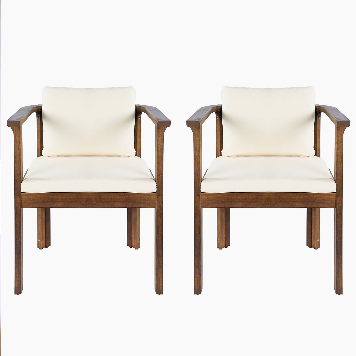 Outdoor Dining Chair Set of 2 with Curved Acacia Wood Arms, Brown Finish and Cream Cushions