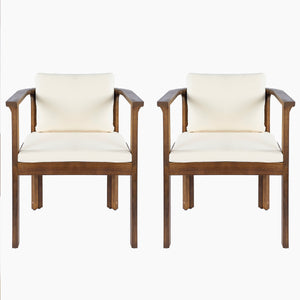 Outdoor Dining Chair Set of 2 with Curved Acacia Wood Arms, Brown Finish and Cream Cushions