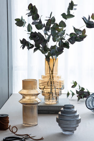 D5.9x6.7' Multi-Tiered Geometric Vase with Smoked Blue Finish, Set of 2