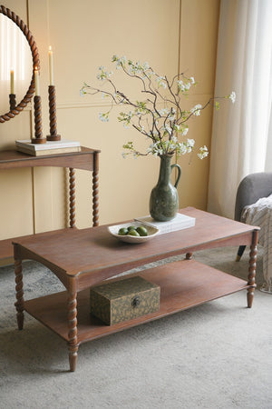 Rustic Brown Wood Coffee Table with Turned Spiral Legs and Lower Shelf