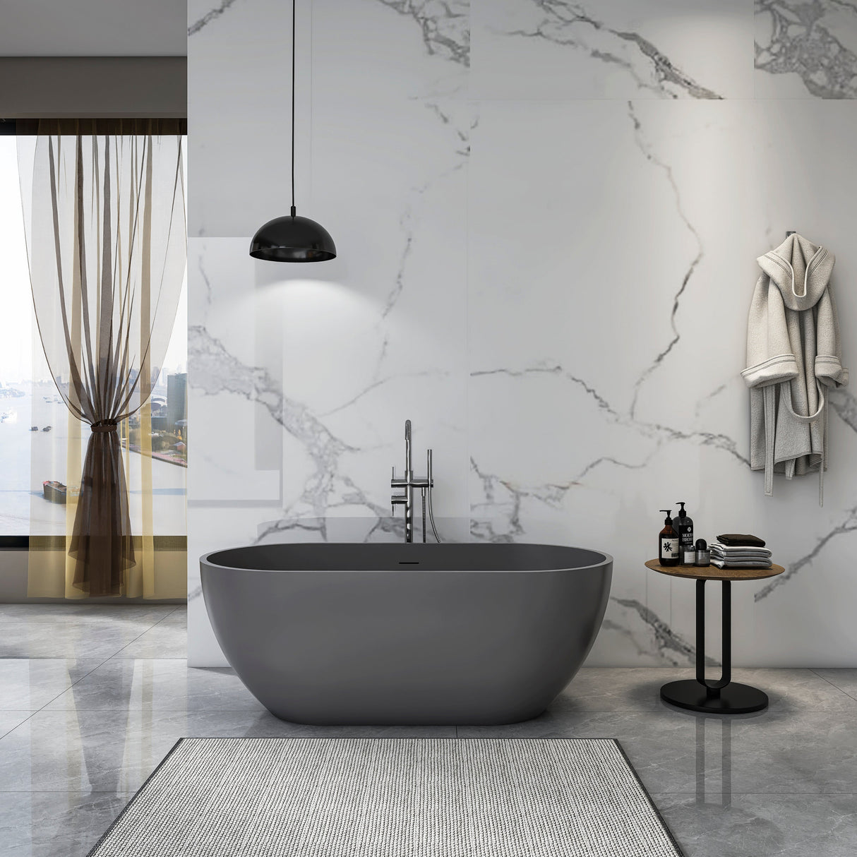 59 Inch Solid Surface Oval Freestanding Bathtub