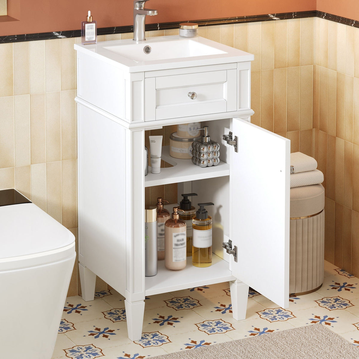 French Style Bathroom Vanity with Ceramic Sink and Soft-Close Doors - Black or White