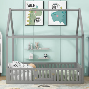 Wood House Bed With Fence And Door