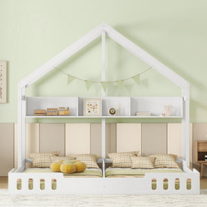 Twin Size Platform Bed With Shared Design, Guardrails, And Built In Shelves - Creamy White