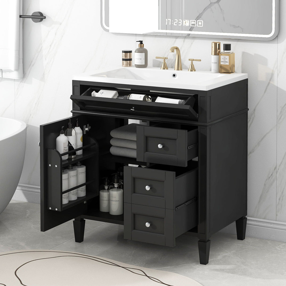 Bathroom Vanity With Top Sink, Storage Cabinet, 2 Drawers, Tip Out Drawer
