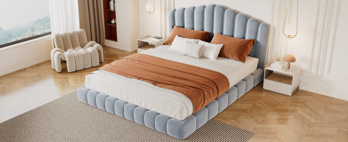 Velvet Upholstered Queen Bed with Shell-Shaped Headboard