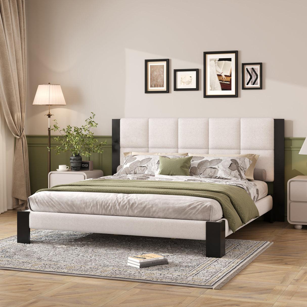 Boucle Cal King Bed Frame with Cube Headboard