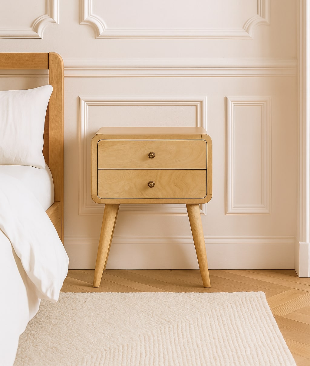 Solid Wood Curved Bedside, 2 Drawers, Oak-ish