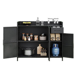 K&K 47.5"W Wicker Outdoor Storage Cabinet with Tempered Glass Desktop