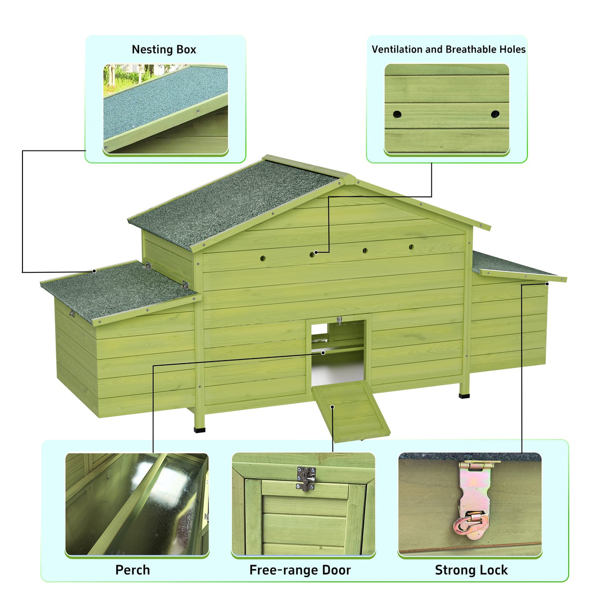 70" Large Wooden Chicken Coop with Nesting Boxes and Waterproof Roof - Green or Brick Red