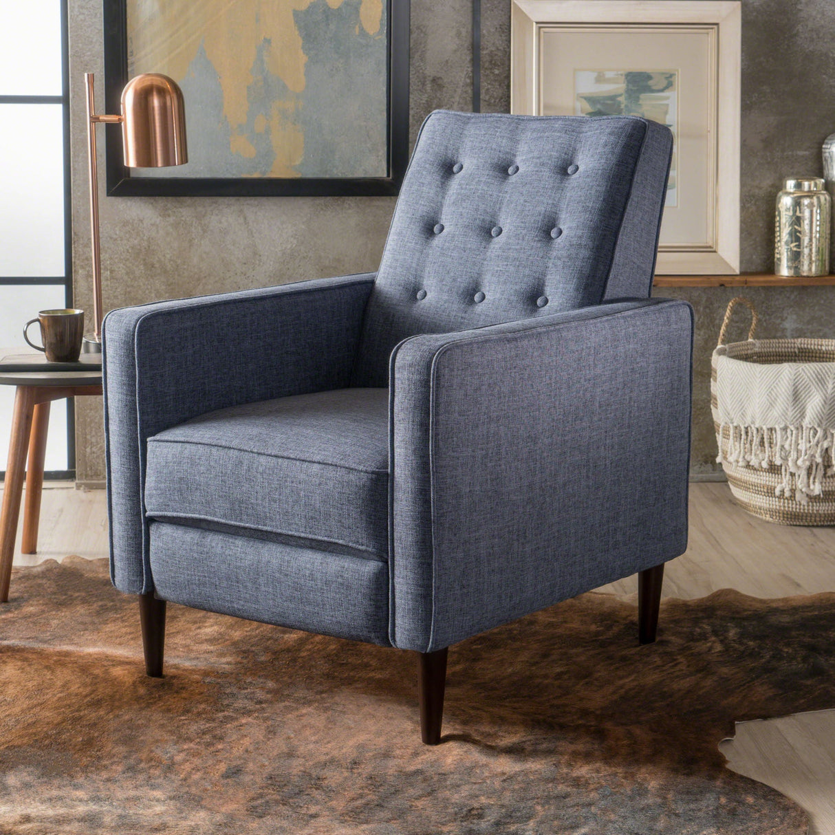 Mid-Century Modern Recliner With Button Tufted Waffle Stitch