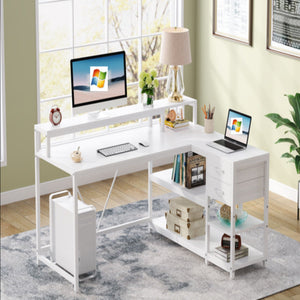 L-Shaped Home Office Desk With Monitor Riser, Drawers, And Storage Shelves
