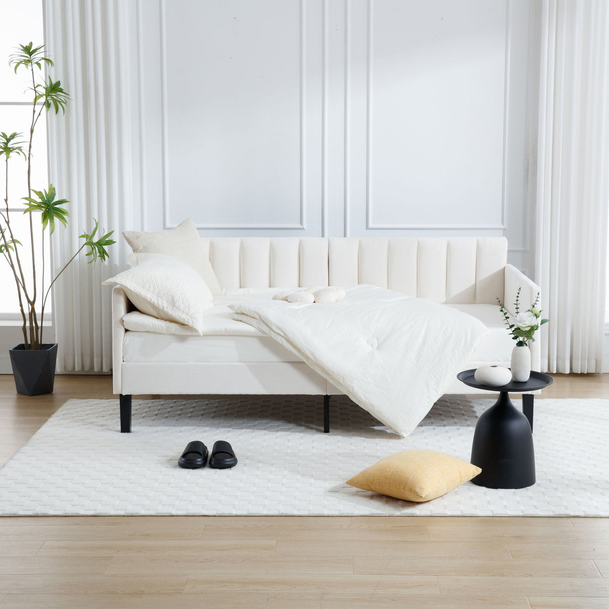 Elena - Boucle Upholstered Daybed, Ribbed Tufted Backrest