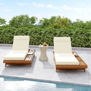 Acacia Wood Lounge Chaise Set With Headrest And Water Resistant Cushions - Beige