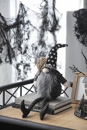 Black Halloween Gnome – 25'' Fabric Decor with Broomstick & Dangly Legs