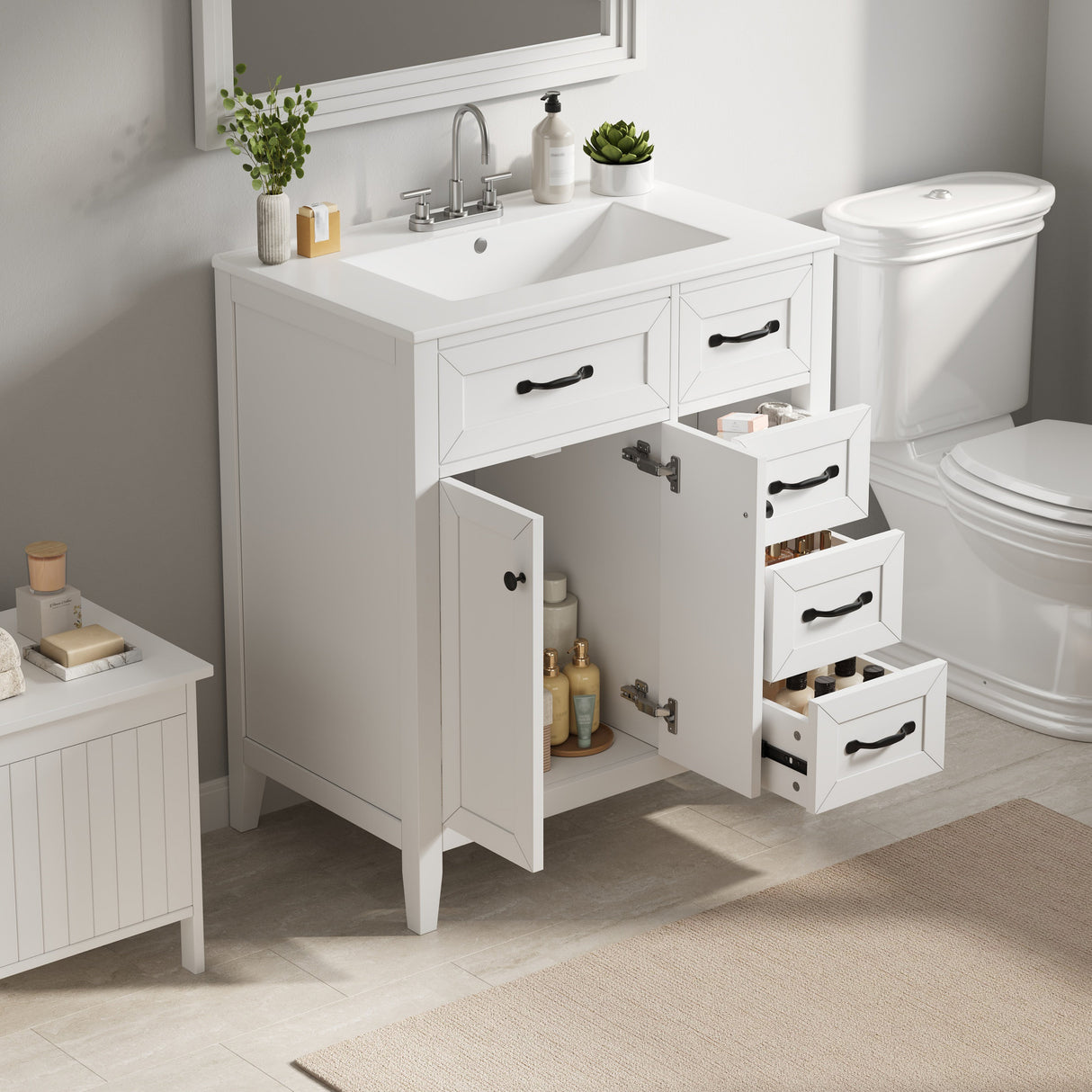 30" White Bathroom Vanity with Ceramic Sink