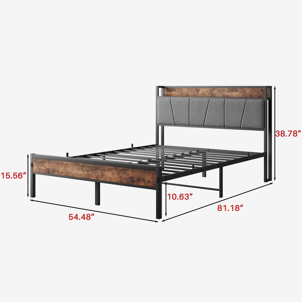 Full Size Bed Frame with Storage Headboard and Charging Station