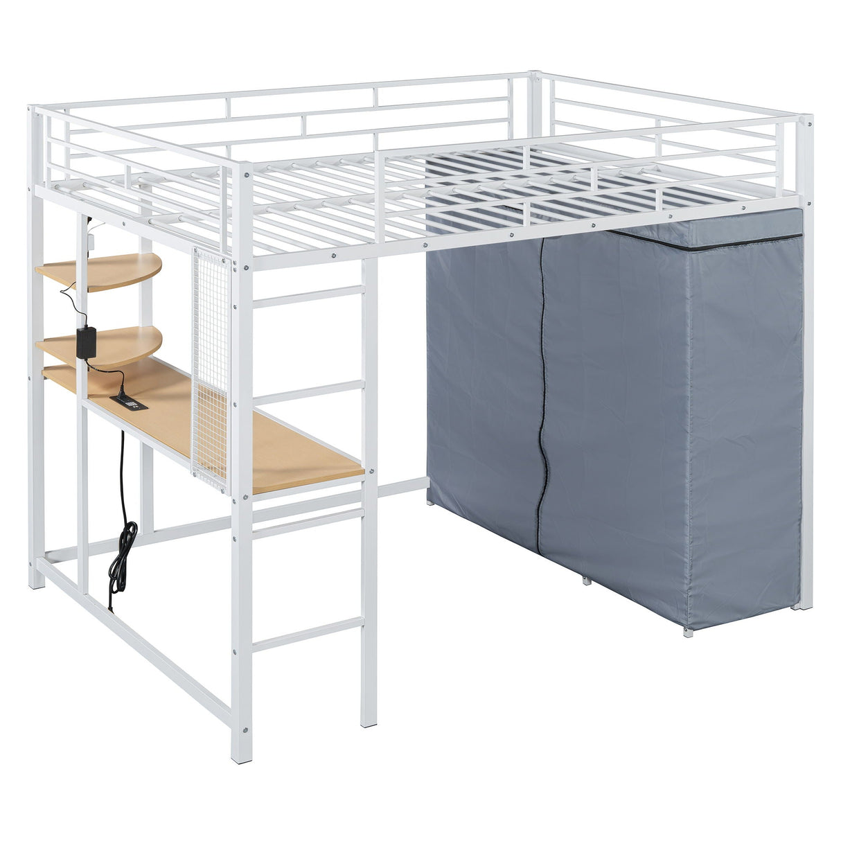 Loft Bed With Desk, Shelves, Power Outlet, LED Light And Wardrobe
