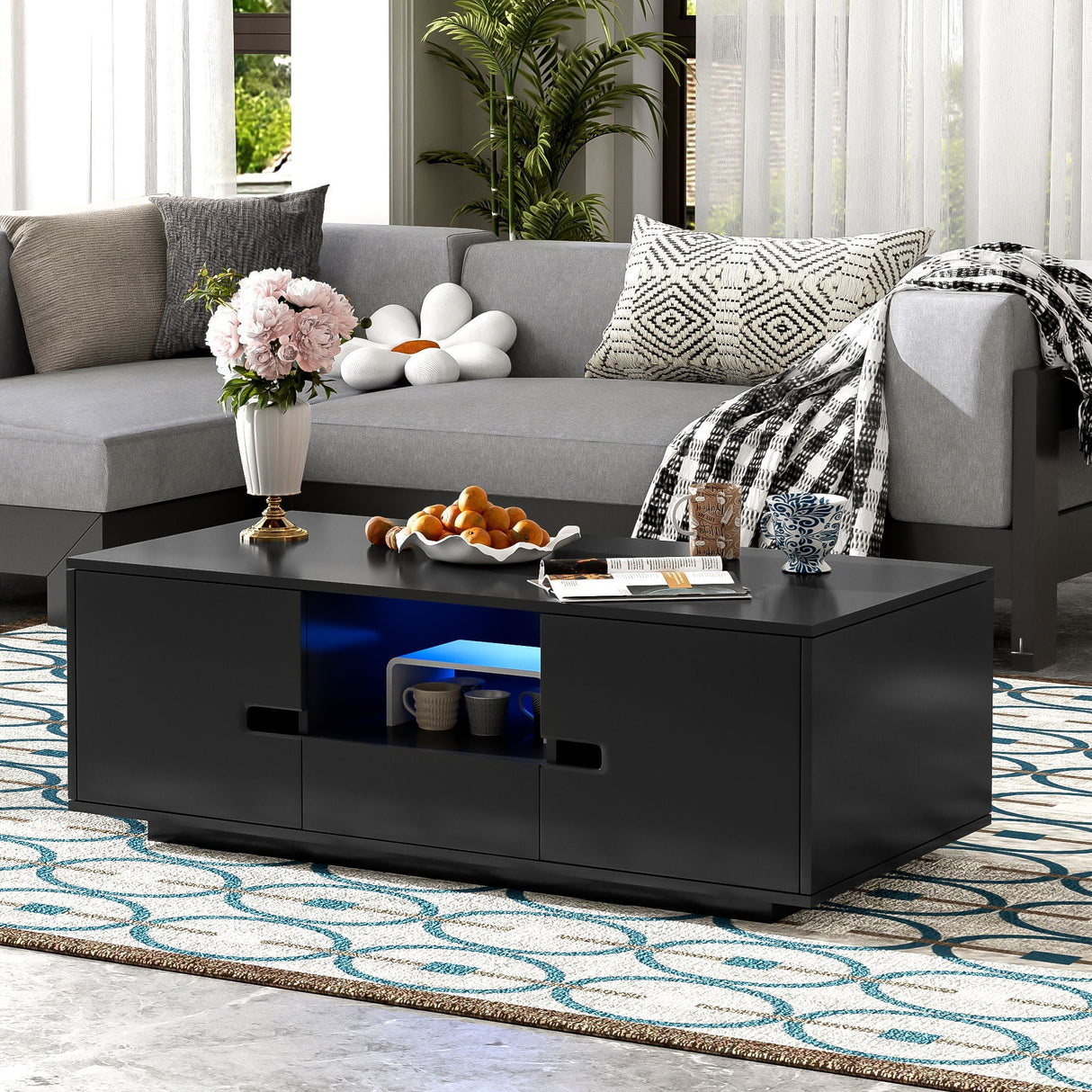 Modern High Glossy Rectangle Coffee Table with 16 Color LED Lights