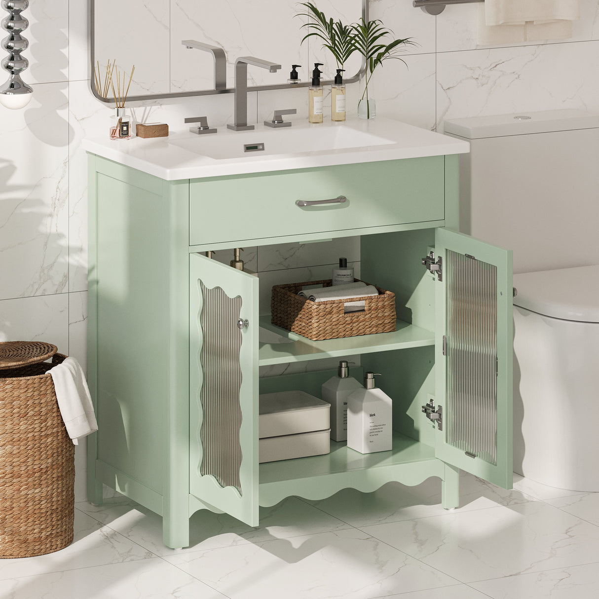 30 Inches Bathroom Vanity with Tempered Glass