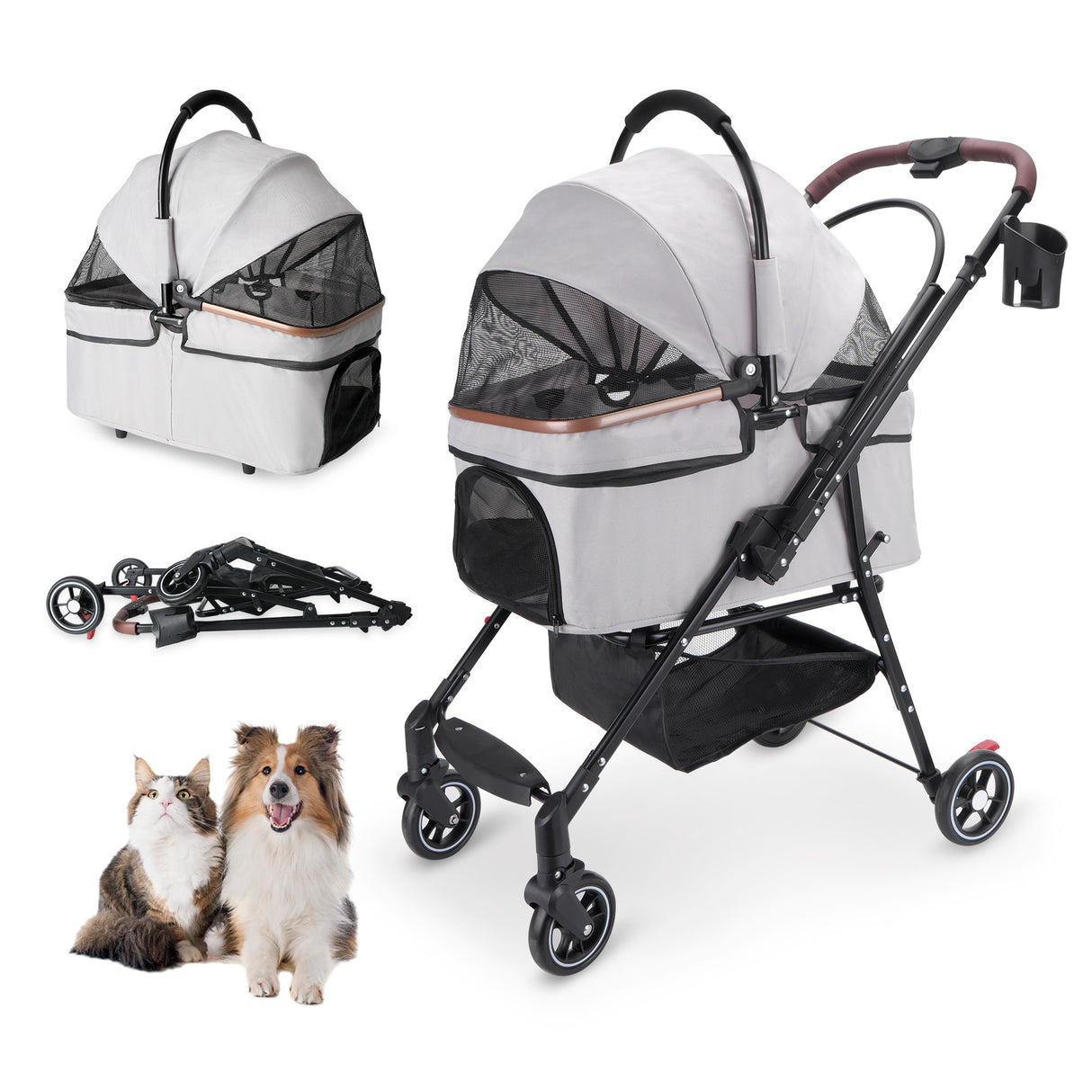 4-Wheel Foldable Pet Stroller for Dogs & Cats  360° Rotating Wheels, Separable Carrier & Travel Bag for Small Animals