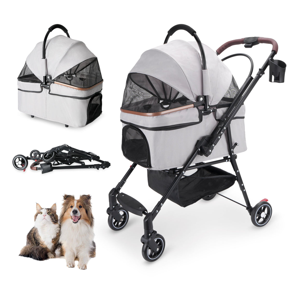4-Wheel Foldable Pet Stroller for Dogs & Cats with 360° Rotating Wheels