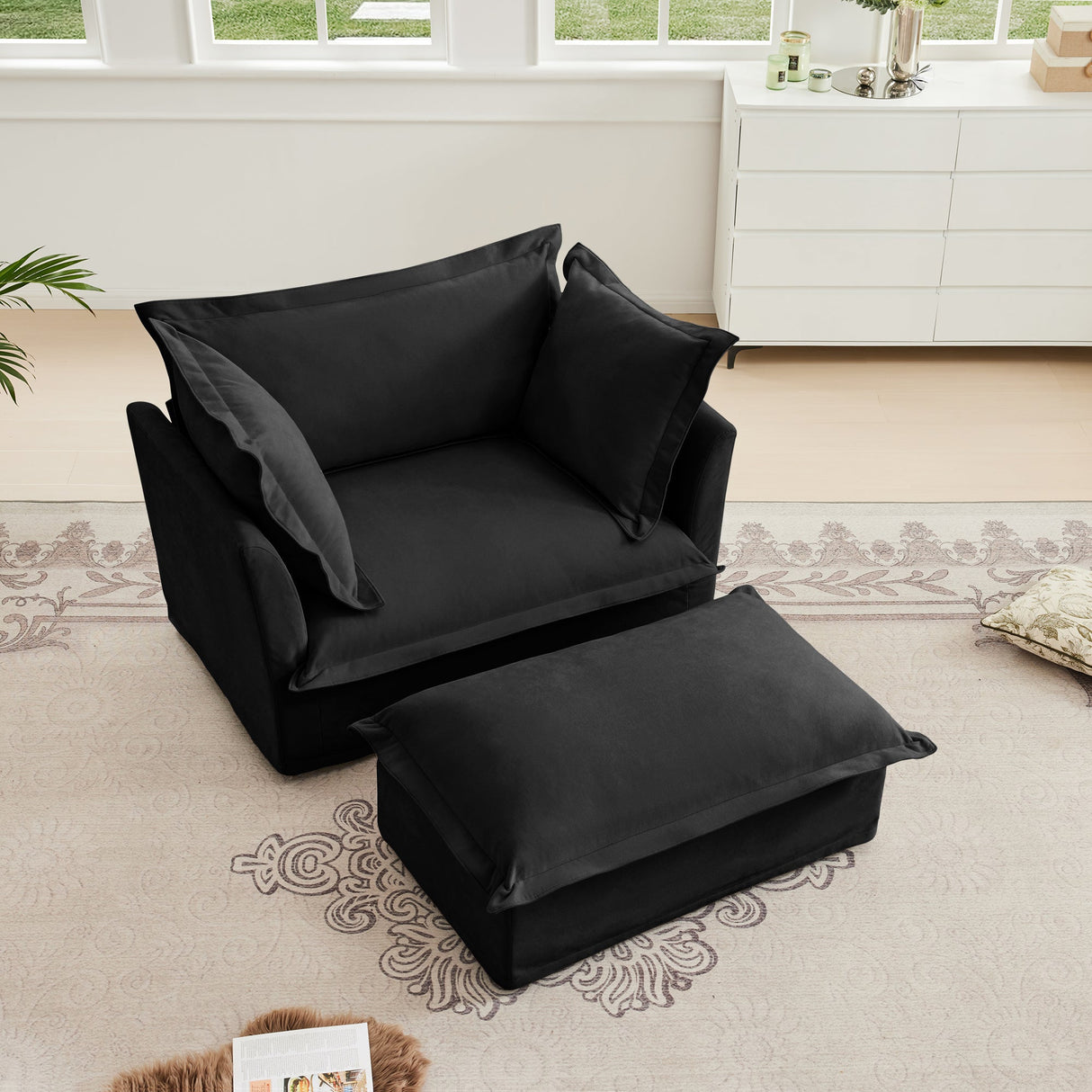 Upholstered Slipcovered Armchair with Ottoman