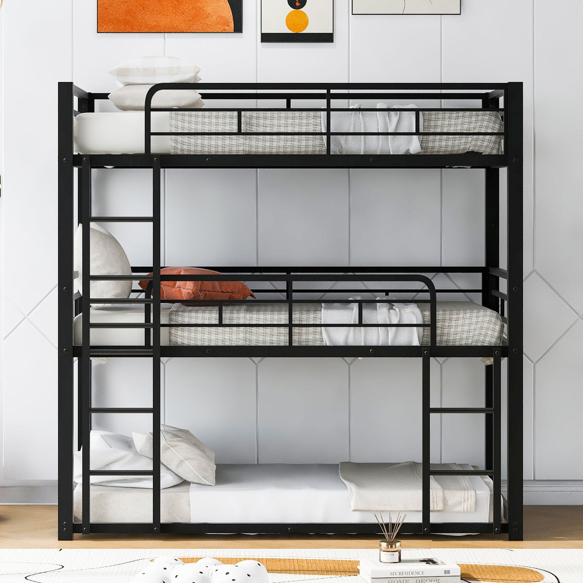 Triple Bunk Bed with Sturdy Metal Frame and Space-Saving Design - Black or Pearl Silver
