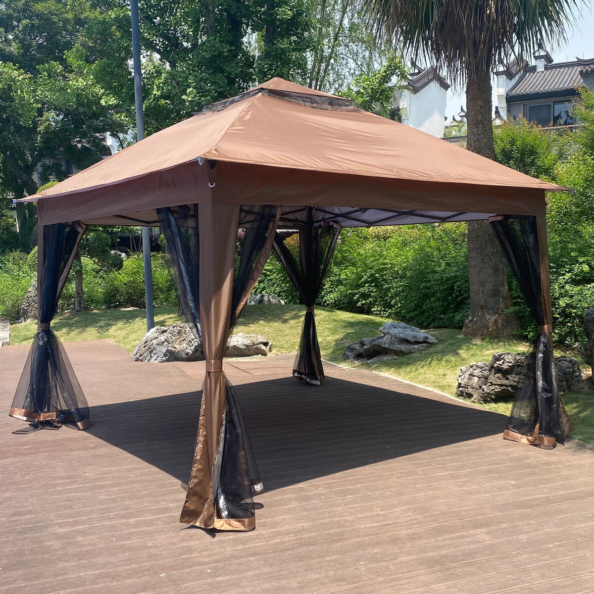 Outdoor Pop Up Gazebo Canopy With 2 Tier Soft Top And Removable Zipper Netting