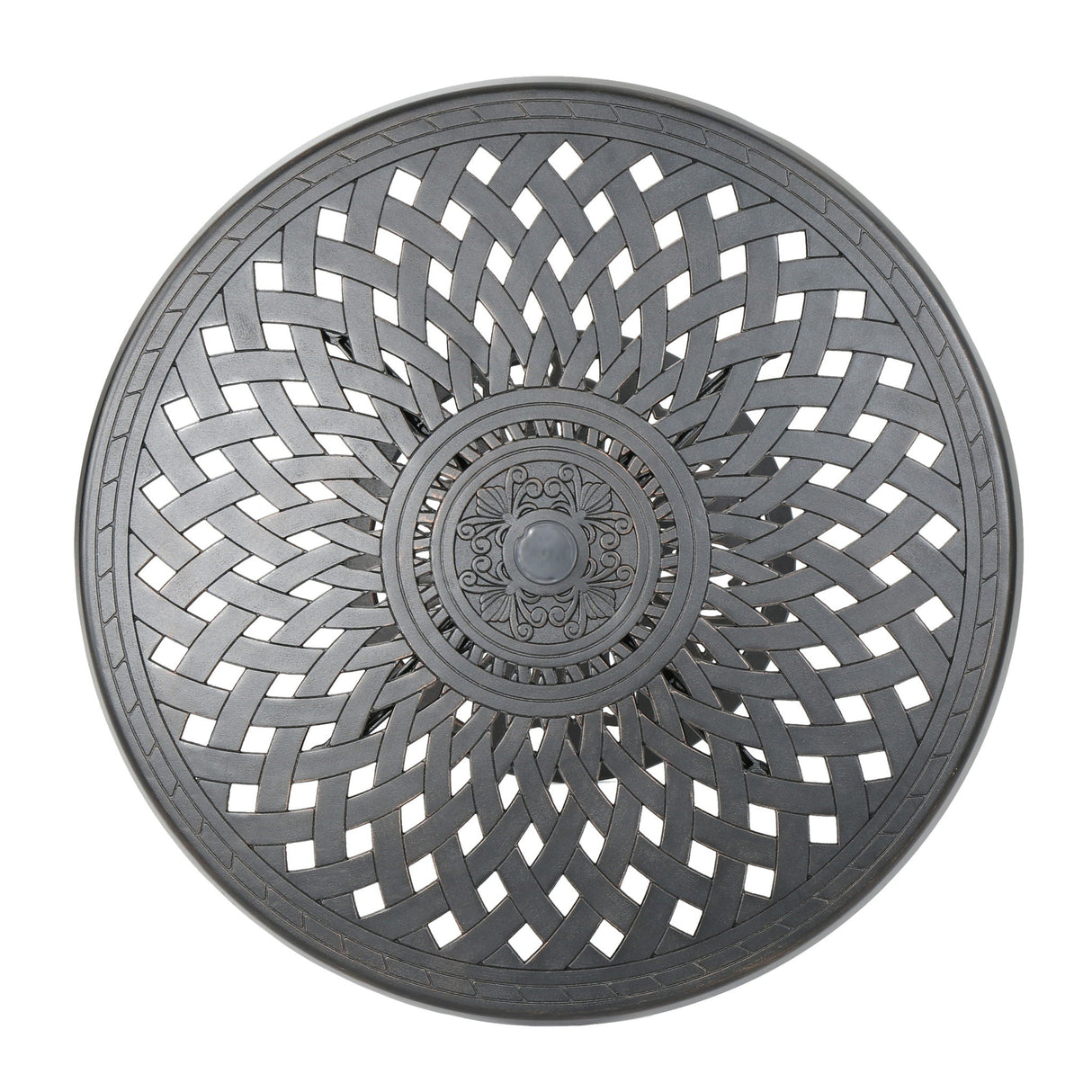 Elegant Cast Aluminum Round Bar Table With Romantic Filigree Design - Copper