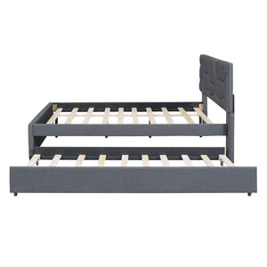 Upholstered Platform Bed With Brick Pattern Headboard And Twin Long Size Trundle