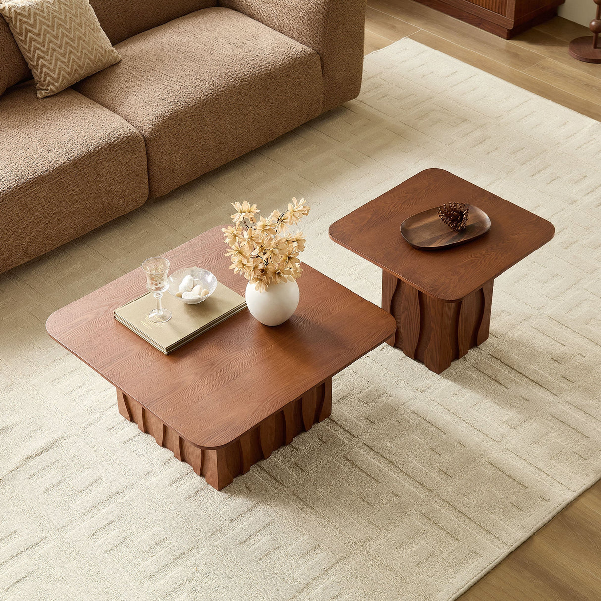 2PCS Nesting Square Coffee Table Mid-Century Wavy Fluted Base
