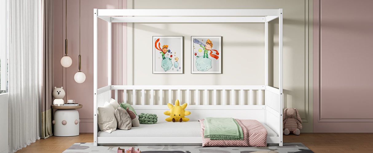 Full Size Canopy Bed Frame with Guardrails for Kids